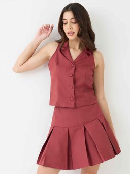 Globus - Women Rust Notch Lapel Solid Waistcoat and Pleated Tennis Skirt (Set of 2)