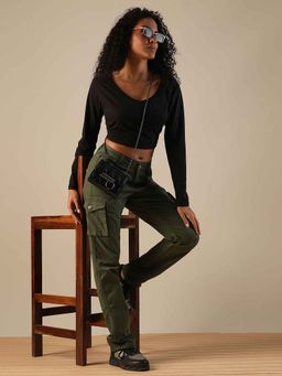 Globus - Women Olive Cotton Stretchable Mid-Rise Cargo Trousers with 6 Pockets