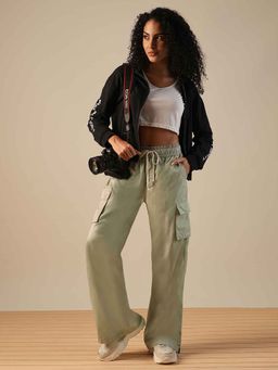 Globus - Women Beige Cotton Mid-Rise Elasticated Relaxed Fit Wide Leg Cargo Trousers