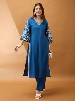 Globus - Women Blue Cotton Flex V-Neck Embroidered Kurta with Pant (Set of 2)