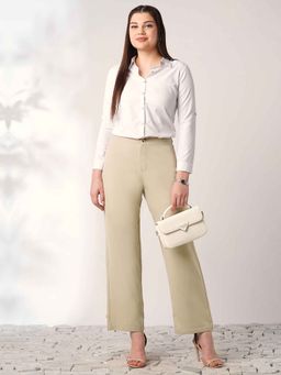 Globus - Women Light Beige Mid Rise Straight Fit Adjustable Button Hem Korean Pants