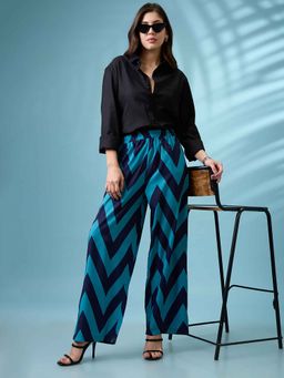 Globus - Women Navy Blue Chevron Print Mid Rise Elasticated Wide Leg Trousers