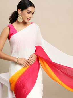 Shrithi Fashion Fab - Designer White and Pink Colorblocked Pure Chiffon Saree with Unstitched Blouse