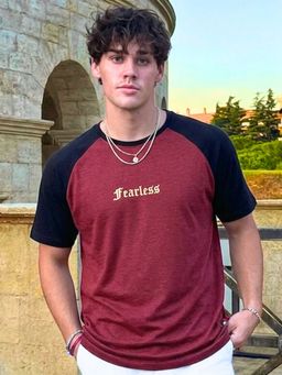 RIGO - Maroon Typography Printed Oversized Raglan Cotton T-Shirt