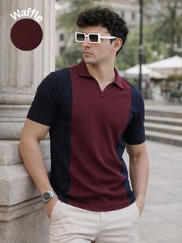 RIGO - Colorblock Wine Black Pannel Neck Cotton Waffle Polo T-Shirt