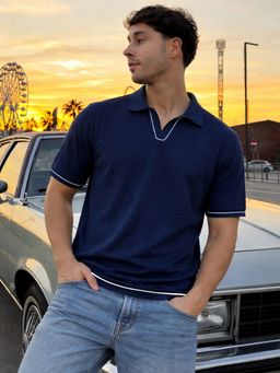 RIGO - Navy Blue Solid White Piping Cotton Polo T-Shirt
