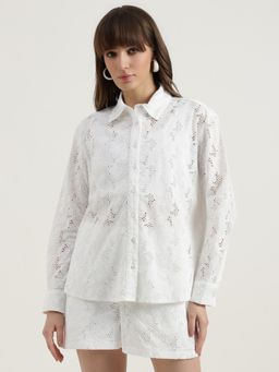 United Colors of Benetton - Regular Fit Spread Collar Schiffli Embroidered Shirt - White
