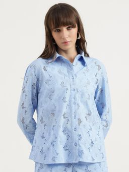 United Colors of Benetton - Regular Fit Spread Collar Schiffli Embroidered Shirt - Blue