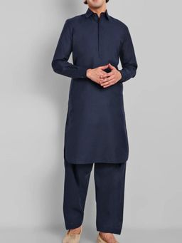 Mera Rang - Men Navy Blue Cotton Blend Solid Kurta with Pyjama (Set of 2)