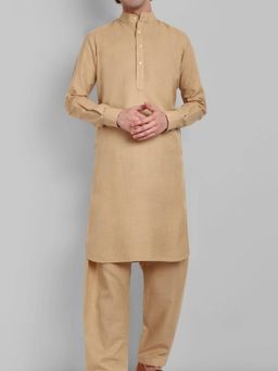 Mera Rang - Men Beige Cotton Blend Solid Kurta with Pyjama (Set of 2)