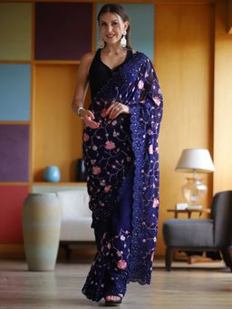 Odette - Purple Georgette Embroidery Saree with Unstitched Blouse