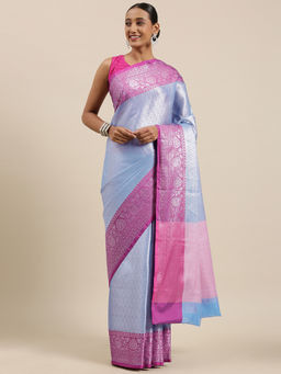 Banarasi Silk Works - Blue Silver Zari Kanchi Silk Tanchoi Meena Saree with Unstitched Blouse