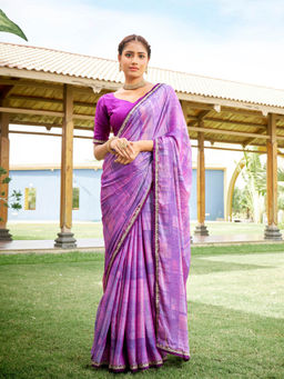 Odette - Purple and Multi-Color Checks Printed Chiffon Saree with Unstitched Blouse (Set of 2)