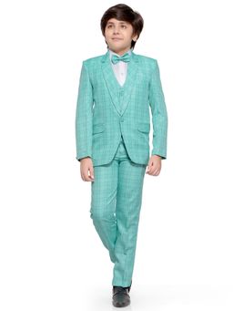 Jeetethnics - Boys Sea Green Checks Coat Suit With Waistcoat Shirt & Trousers (Set of 5)