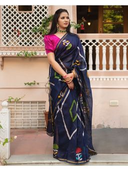 Mayurie - Eli Chanderi Batik Print Saree with Unstitched Blouse, Navy Blue