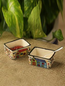 ExclusiveLane - 'Two Dips Of Hut' Hand-Painted Ceramic Chutney & Pickle Bowls (Set Of 2)
