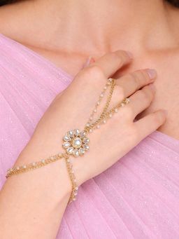 OOMPH - Jewellery Gold Tone Kundan Pearl Floral Hathphool Bracelet with Ring