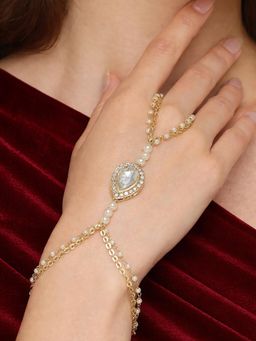 OOMPH - Jewellery Gold Tone Hathphool Kundan & Pearls Bracelet with Ring