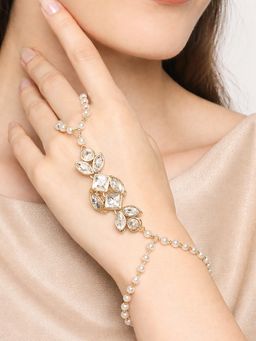 OOMPH - Jewellery Gold Tone Kundan & Pearls Hathphool Bracelet with Ring