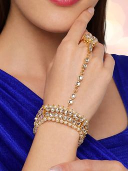 OOMPH - Jewellery Kundan & Pearls Hathphool Bracelet Kada with Ring