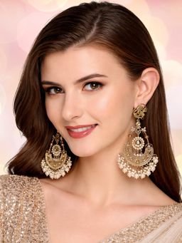 OOMPH - Gold Tone Pearls & Stones Peacock Design Long Chandbali Earrings