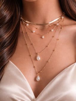 OOMPH - Gold Tone Pearls Multi Layered Multi-Strand Delicate Necklace For Women & Girls