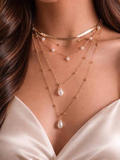 Gold Tone Pearls Multi Layered Multi-Strand Delicate Necklace For Women & Girls