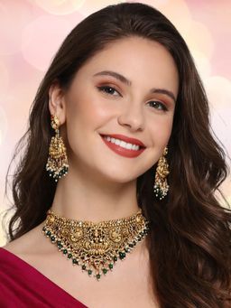 OOMPH - Antique Gold Tone Green Beads Traditional Choker Necklace Set with Earrings