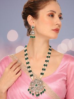 OOMPH - Green Long Mala Jadau Necklace Set - Kundan Studded with Earrings