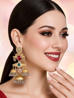 OOMPH - Women Multi-Color Double Layer Large Jhumka Earrings