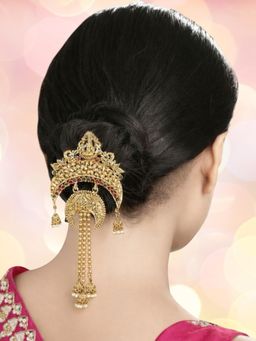 OOMPH - Gold Ethnic Hair Bun Pin Juda Pin - Kempu Stones - Peacock Design