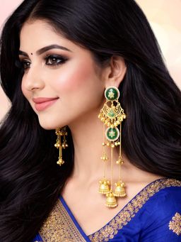 OOMPH - Women Green Long Kashmiri Ghungroo Detailing Jhumka Earrings