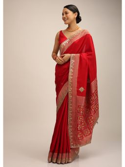 KALKI FASHION - Red Saree In Silk with Brocade Geometric Design On The Pallu with Unstitched Blouse