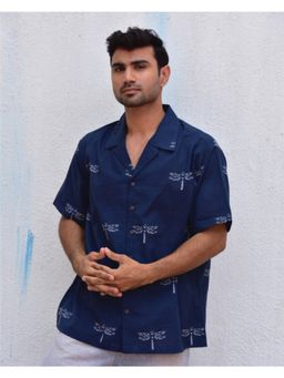 Chidiyaa - Jilibi Dragonfly In Blue Hand Block Printed Pure Cotton Shirt
