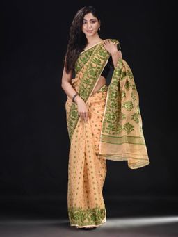 Beatitude - Beige Cotton Silk Woven Jacquard Jamdani Saree with Unstitched Blouse