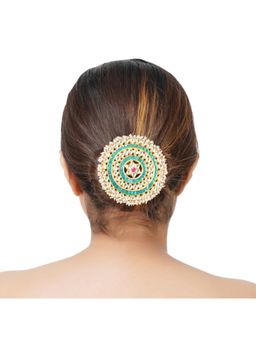 Auraa Trends - 22Kt Gold Plated Kundan Traditional Red and Green Juda Pin for Women