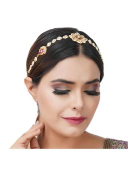Auraa Trends - 22Kt Gold Plated Kundan Traditional Red and Green Head Band for Women