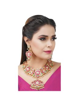 Auraa Trends - 22Kt Gold Plated Kundan Traditional Pink and Green Necklace Set