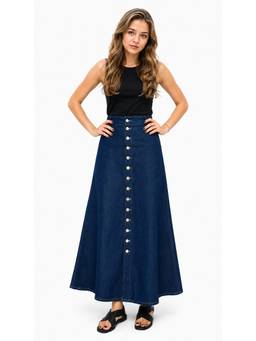 Tripursundari Fashion - Women's Mid Waist Navy Blue Denim Full Maxi Skirt