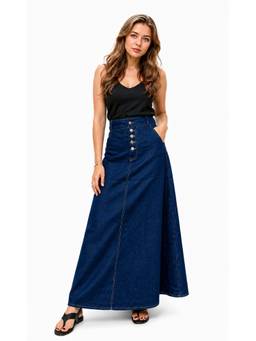 Tripursundari Fashion - Women's Mid Waist Navy Blue Denim Full Maxi Skirt