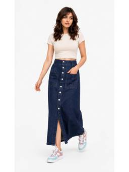 Tripursundari Fashion - Women's Navy Blue Denim Full Maxi Skirt