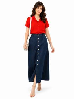 Tripursundari Fashion - Women's Navy Blue Polycotton Thin Denim Full Maxi Skirt