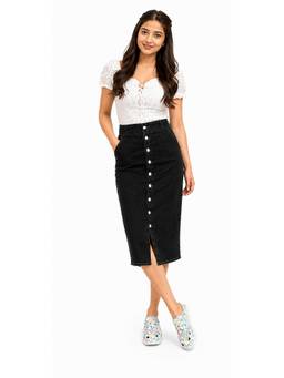 Tripursundari Fashion - Women's Black Denim Midi Skirt