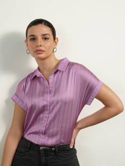 FABLE STREET - Striped Satin Purple Shirt