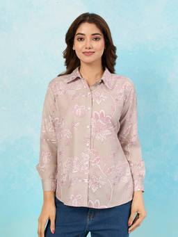 BFM - Grey Cotton Blend Floral Print Shirt