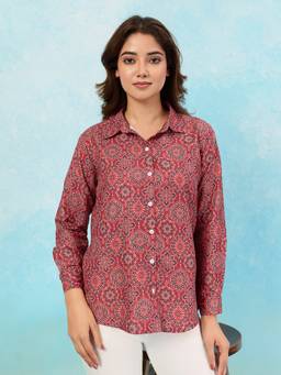 BFM - Red Cotton Blend Floral Print Shirt