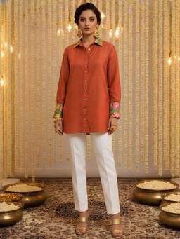 Zolo Label - Women's Solid Orange Button-Down Shirt