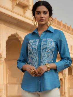 Zolo Label - Women Blue Embroidered Shirt