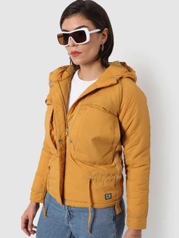 Campus Sutra - Mustard Hooded Puffer Bomber Jacket
