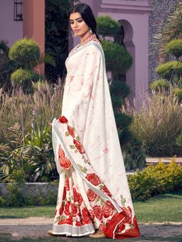 Akhilam - Womens Pure Linen Off White Printed Designer Saree with Unstitched Blouse